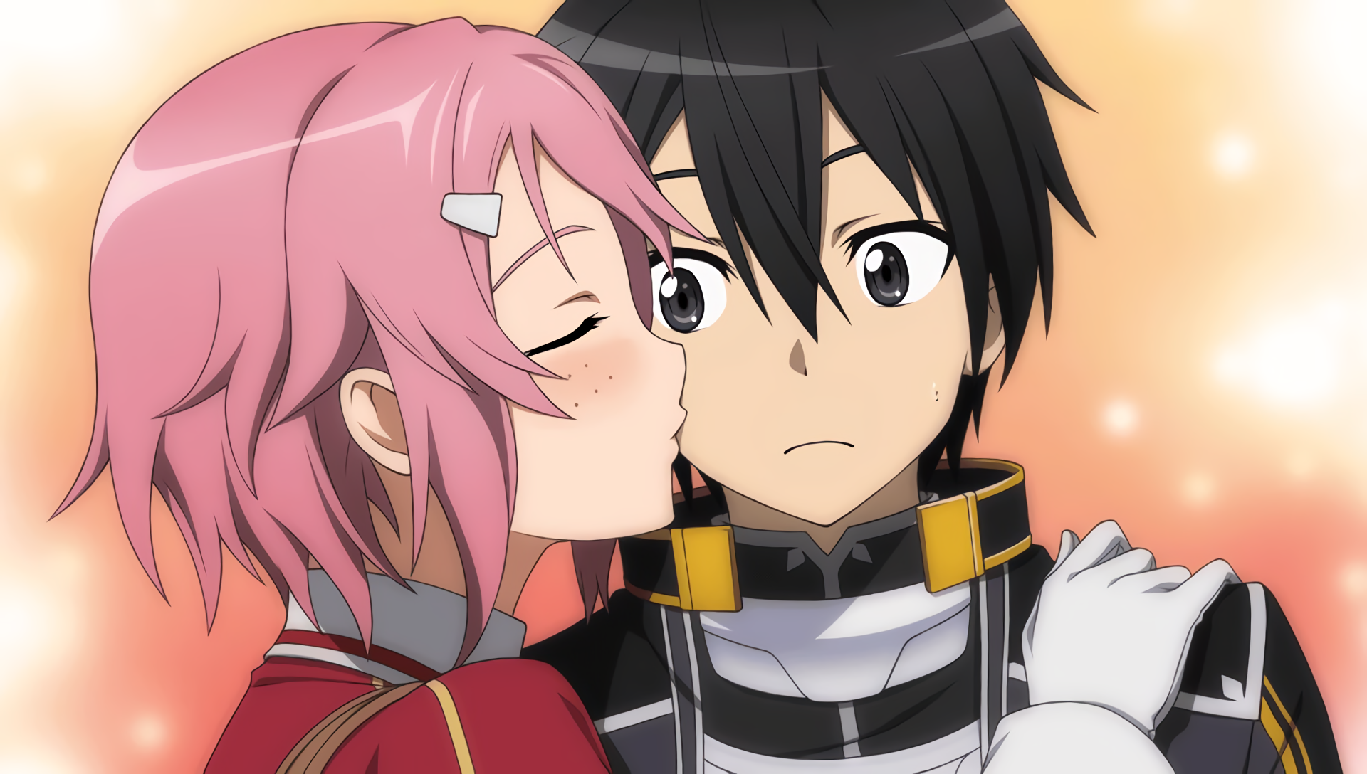 Anime HD wallpaper featuring Kazuto Kirigaya (Kirito) and Rika Shinozaki (Lisbeth) from Sword Art Online, with Lisbeth giving Kirito a kiss on the cheek.