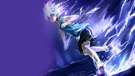 HD wallpaper of Killua Zoldyck from the anime Hunter x Hunter, depicting him running with electricity surrounding his body against a vibrant, dynamic background.