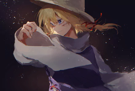 An HD desktop wallpaper featuring Suwako Moriya from the Touhou anime series, shown with a serene expression, wearing her signature hat and scarf with a starry night background.