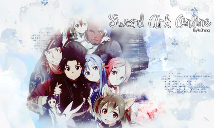 HD PC wallpaper of Sword Art Online II characters — Kirito and Asuna center, surrounded by Yui, Leafa (Suguha), Silica (Keiko), Lisbeth (Rika) in a soft blue watercolor collage.