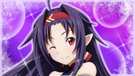 HD desktop wallpaper featuring Yuuki Konno from Sword Art Online II with a vibrant purple cosmic background in anime style.