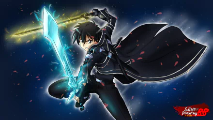 HD desktop wallpaper featuring Kazuto Kirigaya, also known as Kirito from Sword Art Online, wielding vibrant, glowing swords against a dynamic, starry background.