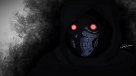 HD PC desktop wallpaper of Death Gun (Sword Art Online II): hooded anime figure with a skeletal mask and glowing red eyes emerging from a dark, smoky background.