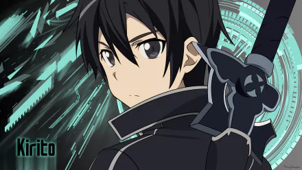 HD desktop wallpaper featuring Kirito (Kazuto Kirigaya) from Sword Art Online, with a futuristic background and Kirito's name in the lower left corner.