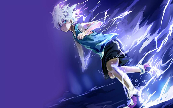 HD wallpaper of Killua Zoldyck from the anime Hunter x Hunter, depicting him running with electricity surrounding his body against a vibrant, dynamic background.