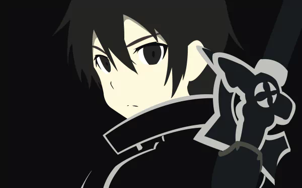 Minimalist HD desktop wallpaper featuring Kirito (Kazuto Kirigaya) from Sword Art Online, depicted in black and white anime style, with his characteristic dark attire and serious expression.