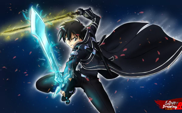 HD desktop wallpaper featuring Kazuto Kirigaya, also known as Kirito from Sword Art Online, wielding vibrant, glowing swords against a dynamic, starry background.