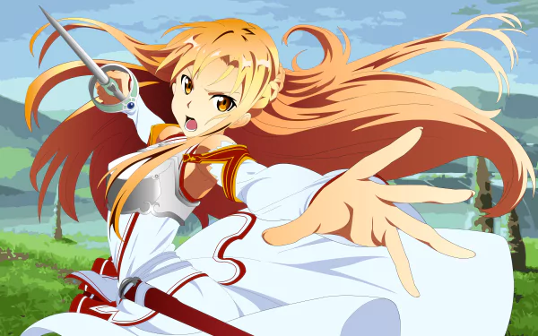 Asuna Yuuki from Sword Art Online in vibrant anime style, captured in an 8K Ultra HD PC desktop wallpaper with dynamic pose and flowing hair against a scenic background.