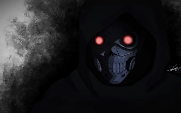 HD PC desktop wallpaper of Death Gun (Sword Art Online II): hooded anime figure with a skeletal mask and glowing red eyes emerging from a dark, smoky background.