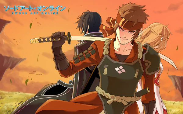 HD PC desktop wallpaper featuring anime characters Kirito (Kazuto Kirigaya), Asuna Yuuki, and Ryoutarou Tsuboi from Sword Art Online with Klein in a sunset scene.
