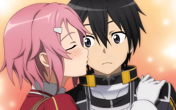Anime HD wallpaper featuring Kazuto Kirigaya (Kirito) and Rika Shinozaki (Lisbeth) from Sword Art Online, with Lisbeth giving Kirito a kiss on the cheek.