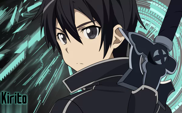 HD desktop wallpaper featuring Kirito (Kazuto Kirigaya) from Sword Art Online, with a futuristic background and Kirito's name in the lower left corner.