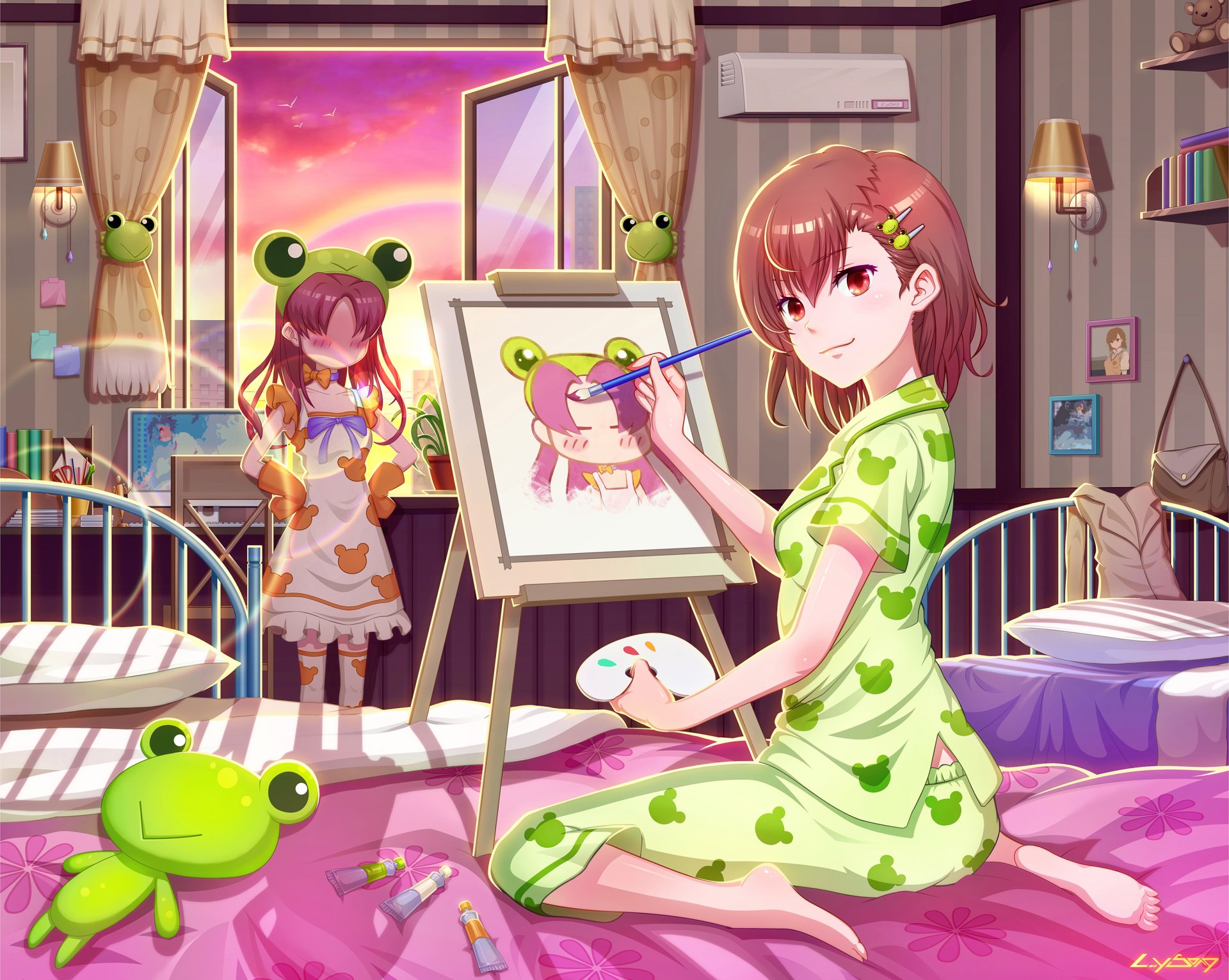Anime HD wallpaper featuring Mikoto Misaka painting a portrait of Kuroko Shirai, both dressed in frog-themed outfits, from A Certain Scientific Railgun series.