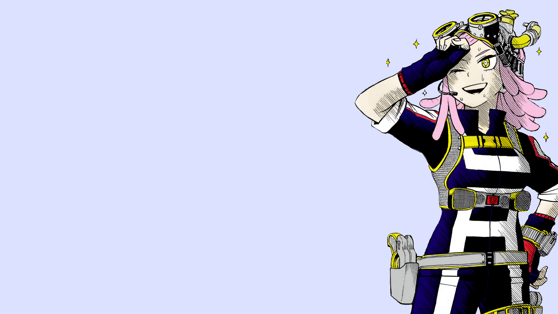 HD desktop wallpaper featuring Mei Hatsume from the anime My Hero Academia, showcasing her with a confident smile while adjusting her goggles, set against a light blue background.