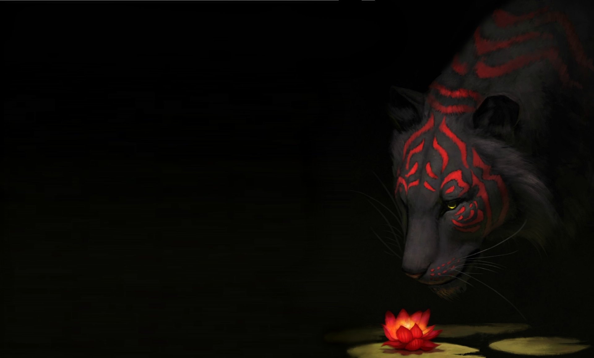 HD desktop wallpaper featuring a fantasy scene with a tiger adorned with glowing red stripes, gazing at a vibrant red lotus flower on a dark background.