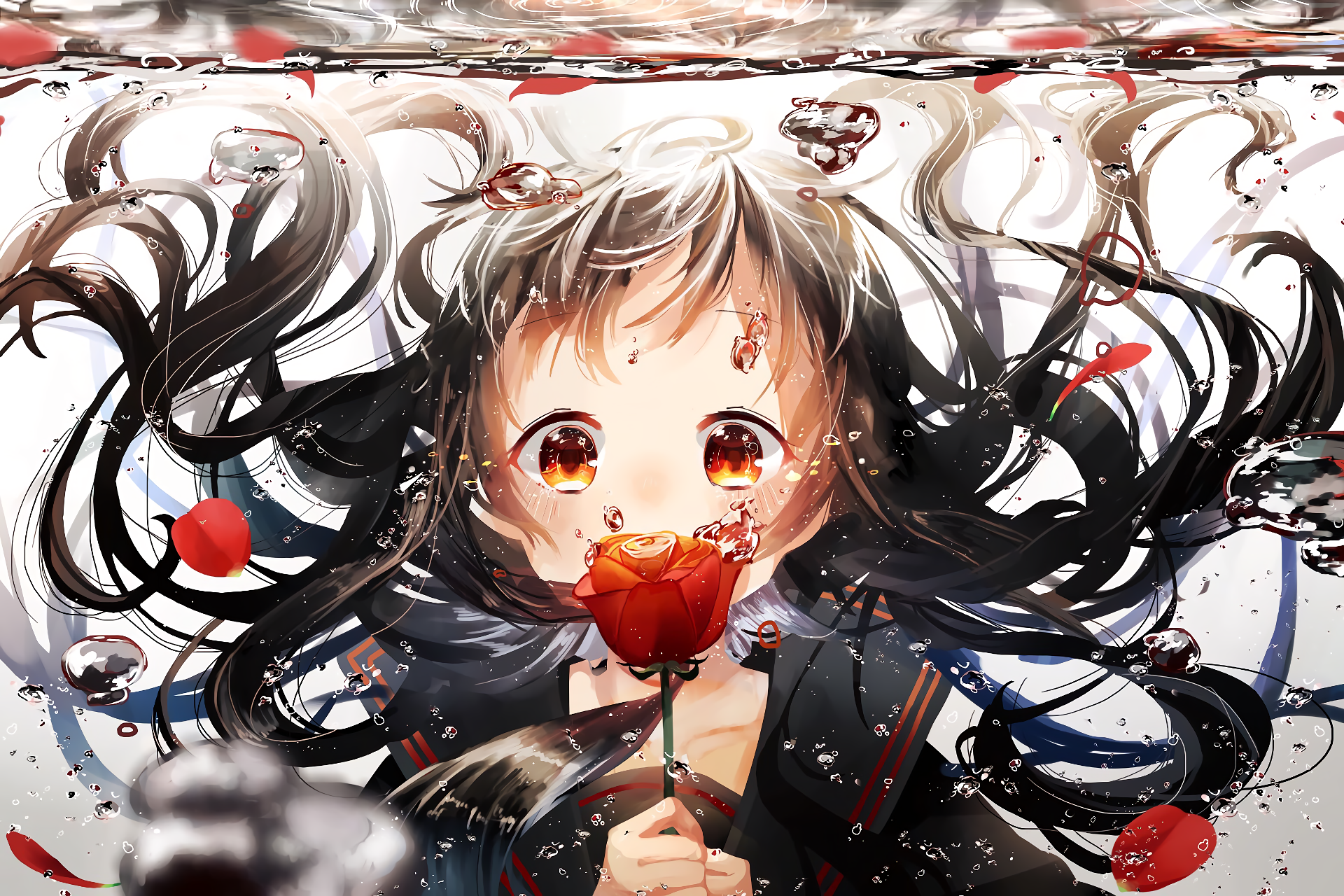HD desktop wallpaper featuring an original anime character with flowing hair, holding a red rose amidst swirling water and petals.