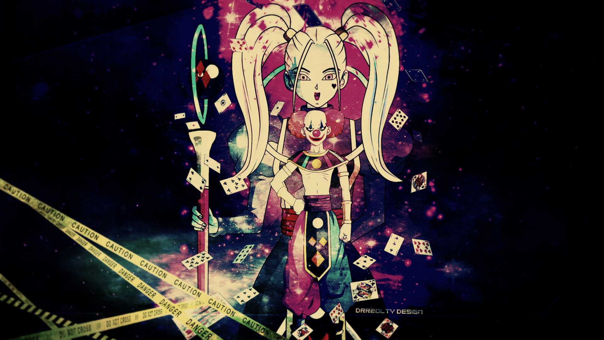 HD wallpaper featuring Marcarita and Vermoud from Dragon Ball Super with a vibrant cosmic background.