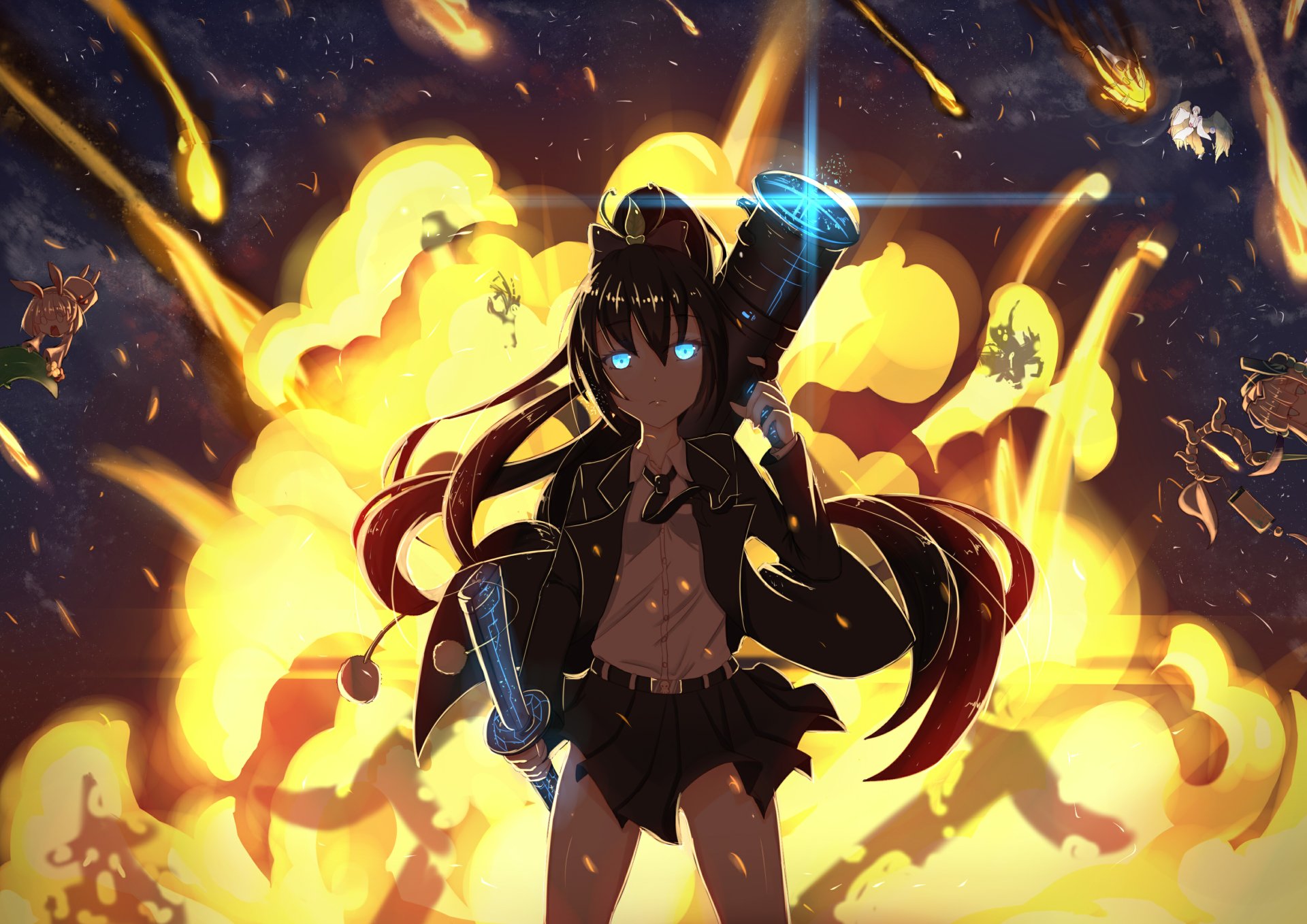 HD anime original desktop wallpaper featuring a confident female character standing amid fiery explosions with glowing blue eyes and dynamic lighting effects.