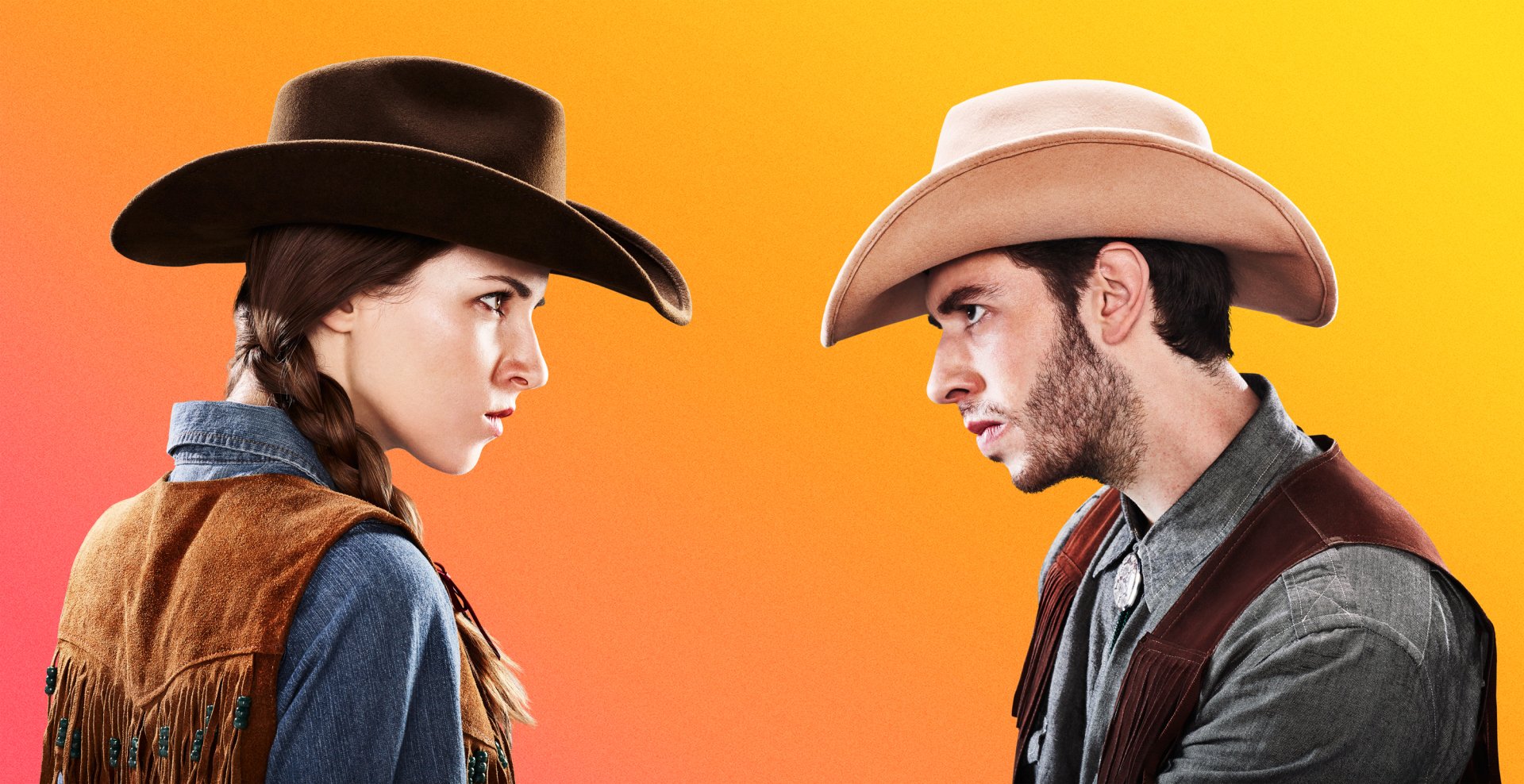 HD desktop wallpaper featuring two individuals in cowboy attire facing each other with a vibrant orange background, inspired by 1-2-Switch.