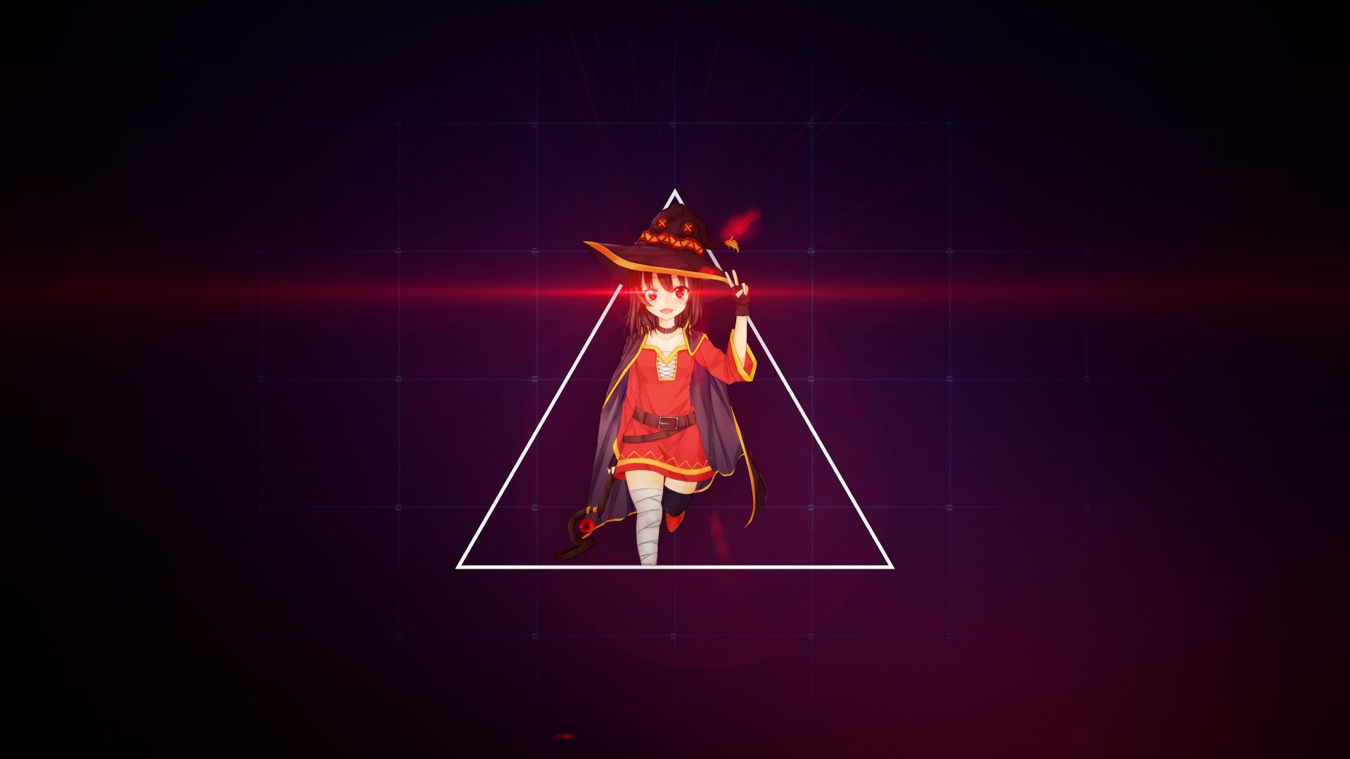 HD desktop wallpaper featuring Megumin from the anime KonoSuba: God's Blessing on This Wonderful World!! She is framed within a glowing triangle on a dark background.