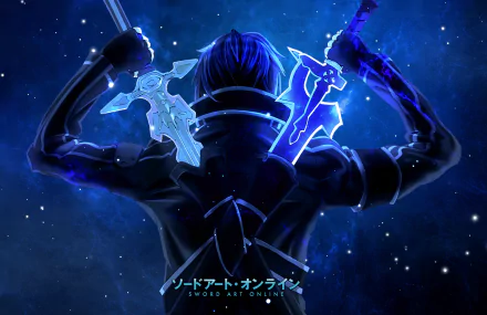HD desktop wallpaper featuring Kirito (Kazuto Kirigaya) from the anime Sword Art Online, showcasing him with glowing swords against a starry blue background.