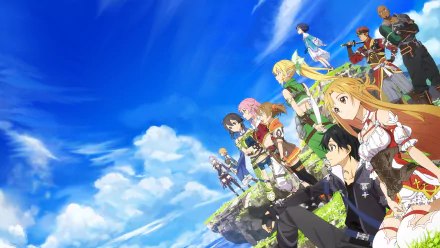 HD desktop wallpaper featuring anime characters Leafa, Asuna Yuuki, Kirito, and Kazuto Kirigaya from Sword Art Online, standing on a cliff overlooking a clear blue sky.
