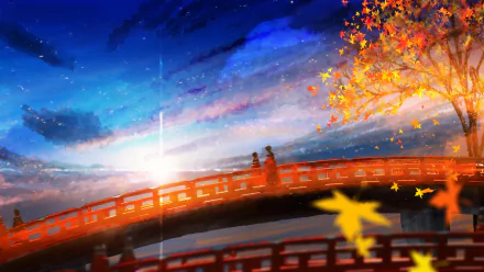 HD wallpaper featuring an anime-style scene of a red bridge at sunset, with two characters standing on it and autumn leaves falling from a tree.
