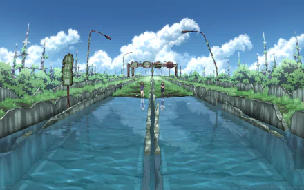 Anime-style HD desktop wallpaper featuring a serene water canal reflecting clouds, with characters in swimsuits standing on a dividing line under a bright blue sky.