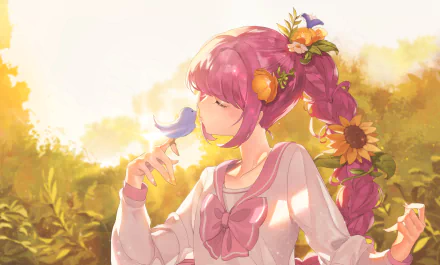 Anime girl with pink braided hair adorned with sunflowers and a bow, wearing a school uniform, holding a small bird as sunbeams and sunrise light the background.