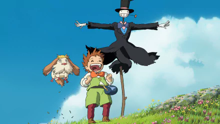 HD anime desktop wallpaper featuring characters from Howl's Moving Castle, showing a joyful boy, a flying cat, and a vibrant scarecrow against a bright blue sky and flower field.
