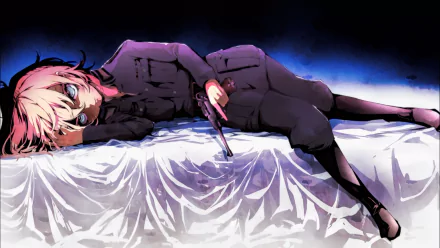 HD wallpaper featuring Tanya Degurechaff from Youjo Senki lying on a bed and holding a gun.