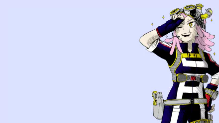 HD desktop wallpaper featuring Mei Hatsume from the anime My Hero Academia, showcasing her with a confident smile while adjusting her goggles, set against a light blue background.