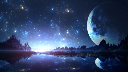 HD anime night scene with stars and a large crescent moon reflecting on a calm lake, framed by silhouetted mountains. This image is tagged with reflection, star, Anime, and night.