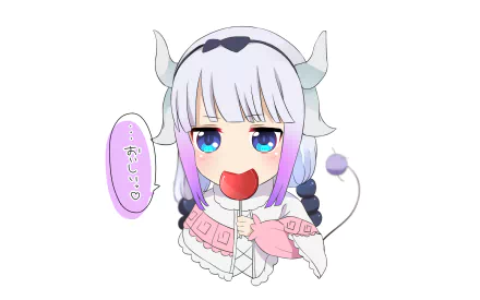 HD desktop wallpaper of Kanna Kamui from the anime Miss Kobayashi's Dragon Maid. Kanna is drawn with pastel colors, holding a red lollipop, and a speech bubble with Japanese text is shown.