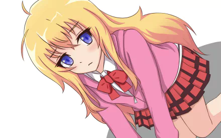 HD anime desktop wallpaper featuring a character from Gabriel DropOut with blonde hair, blue eyes, a pink sweater, and a red plaid skirt against a plain background.