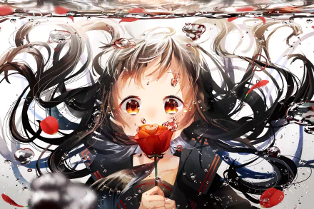 HD desktop wallpaper featuring an original anime character with flowing hair, holding a red rose amidst swirling water and petals.