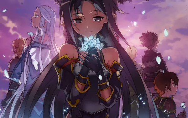 HD wallpaper featuring Yuuki Konno from Sword Art Online II, surrounded by other characters, set against a vibrant sky.