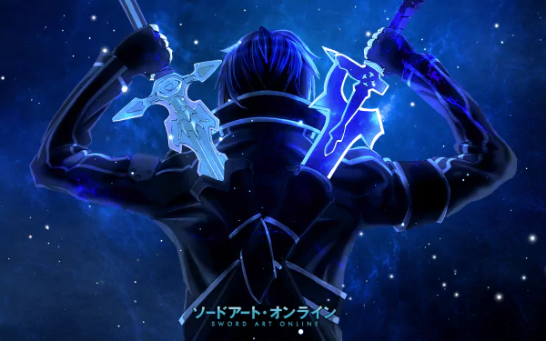 HD desktop wallpaper featuring Kirito (Kazuto Kirigaya) from the anime Sword Art Online, showcasing him with glowing swords against a starry blue background.