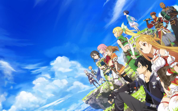 HD desktop wallpaper featuring anime characters Leafa, Asuna Yuuki, Kirito, and Kazuto Kirigaya from Sword Art Online, standing on a cliff overlooking a clear blue sky.