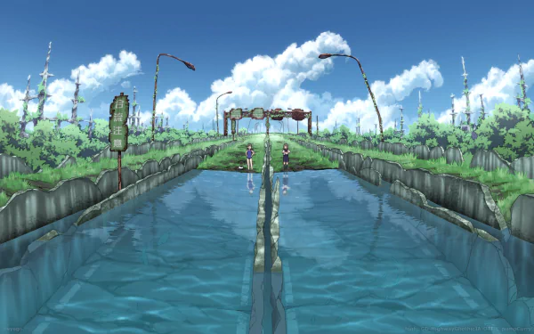 Anime-style HD desktop wallpaper featuring a serene water canal reflecting clouds, with characters in swimsuits standing on a dividing line under a bright blue sky.