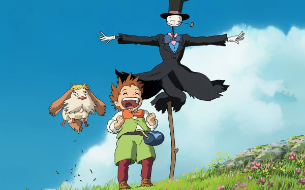 HD anime desktop wallpaper featuring characters from Howl's Moving Castle, showing a joyful boy, a flying cat, and a vibrant scarecrow against a bright blue sky and flower field.