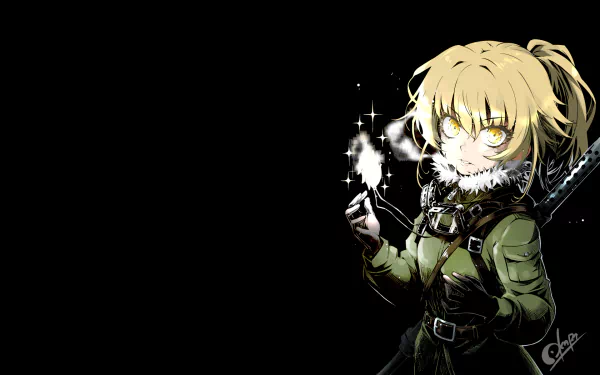 HD desktop wallpaper featuring Tanya Degurechaff from the anime Youjo Senki. Tanya stands on the right with a determined expression, against a dark background.