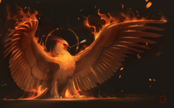 An HD desktop wallpaper featuring a majestic phoenix engulfed in flames, its wings spread wide, casting an ethereal glow in a dark, fantasy setting.