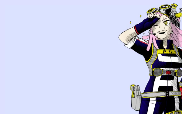 HD desktop wallpaper featuring Mei Hatsume from the anime My Hero Academia, showcasing her with a confident smile while adjusting her goggles, set against a light blue background.