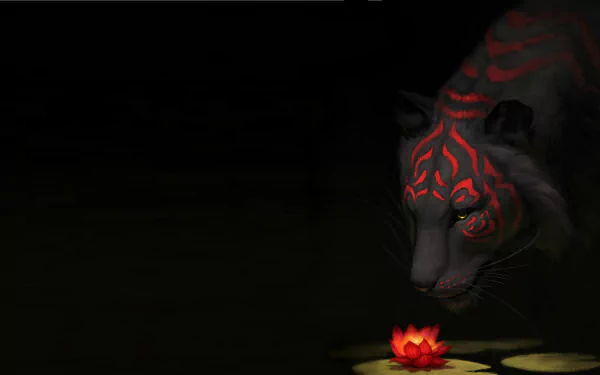 HD desktop wallpaper featuring a fantasy scene with a tiger adorned with glowing red stripes, gazing at a vibrant red lotus flower on a dark background.