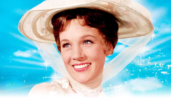 HD PC desktop wallpaper of Mary Poppins from the movie: smiling in a white hat and veil against a bright blue sky with a soft cinematic glow.