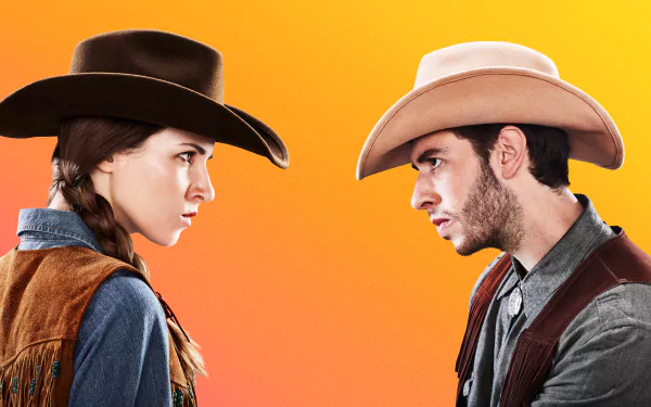 HD desktop wallpaper featuring two individuals in cowboy attire facing each other with a vibrant orange background, inspired by 1-2-Switch.