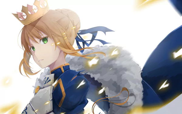 Saber from Fate/Stay Night in detailed anime style, set against a dynamic background for a 4K Ultra HD PC desktop wallpaper.