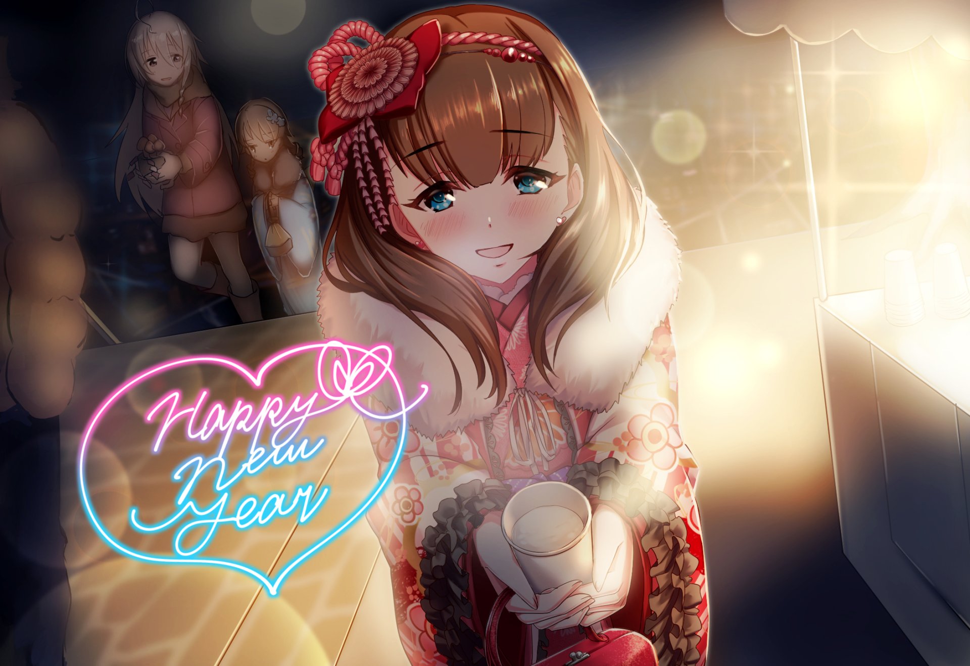 HD anime desktop wallpaper featuring Mayu Sakuma from The iDOLM@STER Cinderella Girls, with a festive Happy New Year neon sign and warm, glowing lighting.