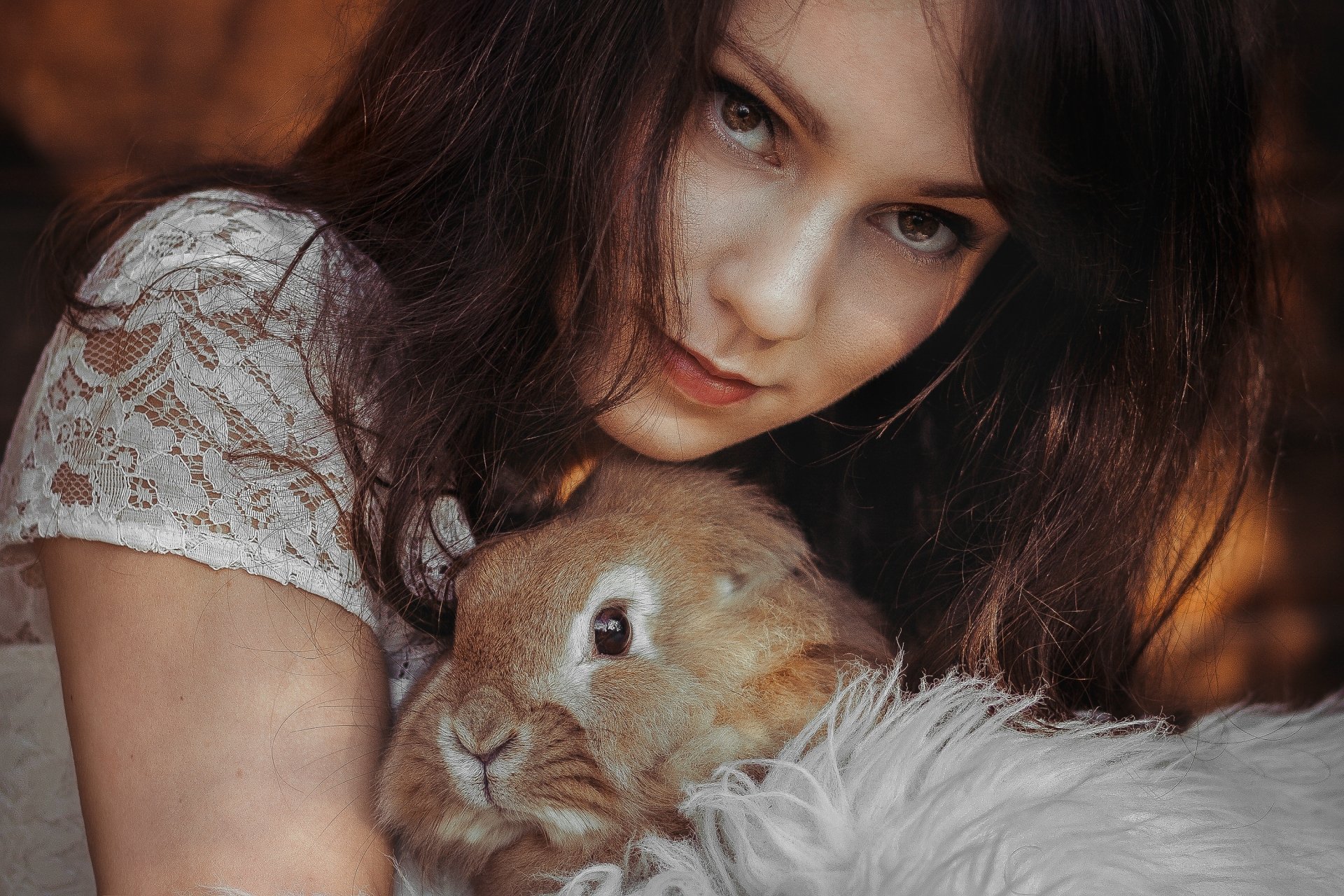 Download Brown Eyes Brunette Rabbit Woman Model HD Wallpaper